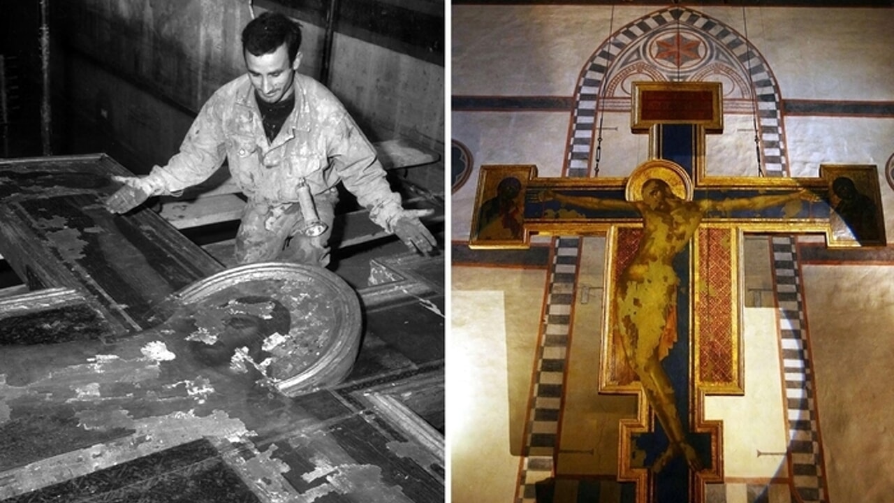 Durante e dopo l’alluvione, il Crocifisso fiorentino di Cimabue subì danni e perdite ingenti. Insieme ad altre opere, esso rimase infatti sommerso per tre giorni da sei metri di acqua mista a nafta.