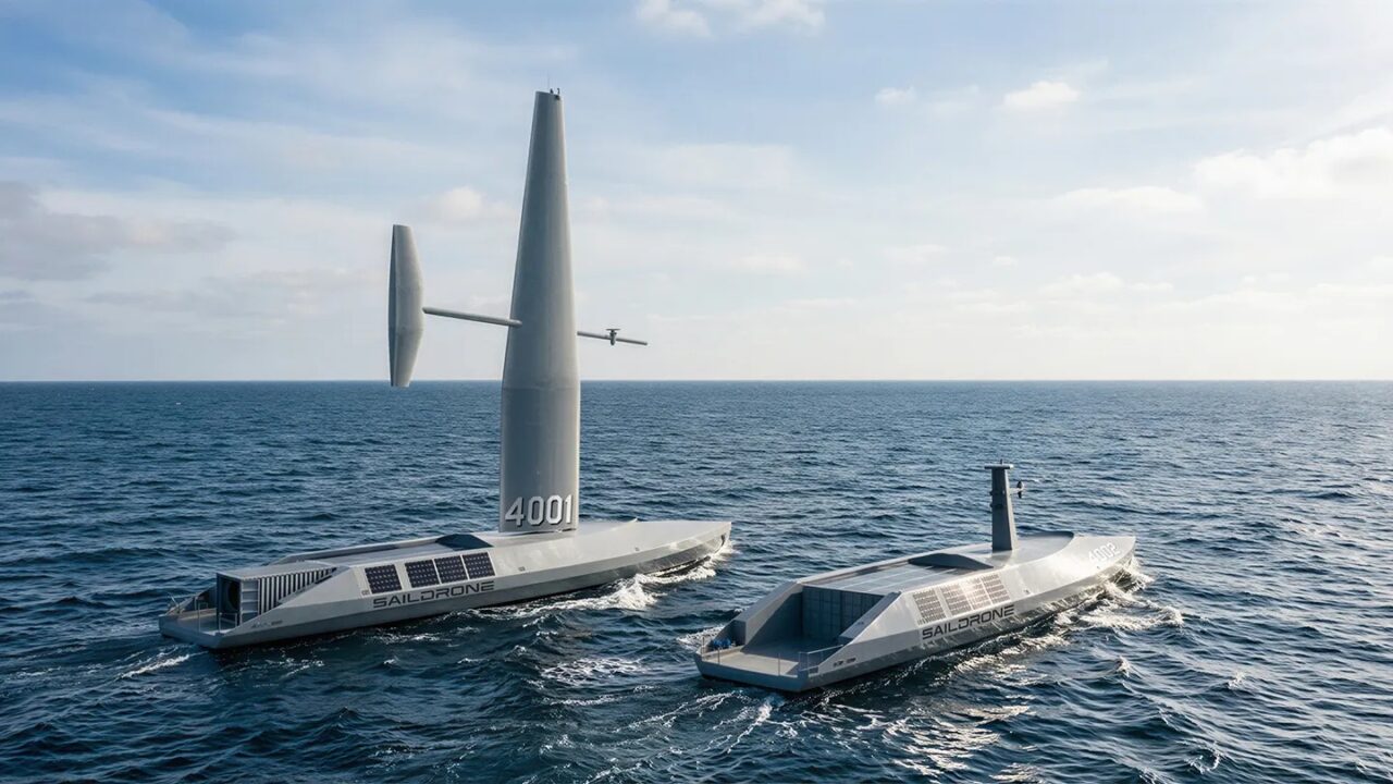 Spectre è un drone marino a vela lungo circa 52 metri, sviluppato da Saildrone con il coinvolgimento del team di Coppa America American Magic.