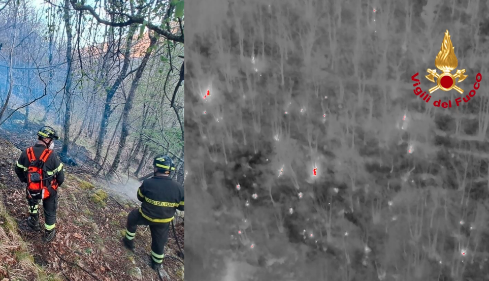 Droni con termocamera per bonifica incendio &mdash; Alto Reno Terme, Appennino bolognese. Il sistema integra stazioni meteo IoT per il calcolo del rischio, droni termici per la sorveglianza delle aree critiche e piattaforme AI per l'analisi dei dati. Quando la combinazione di parametri meteo supera la soglia critica, il drone viene diretto sulla zona a rischio. L'AI analizza le immagini termiche in tempo reale e genera allerte automatiche prima che l'incendio si propaghi.