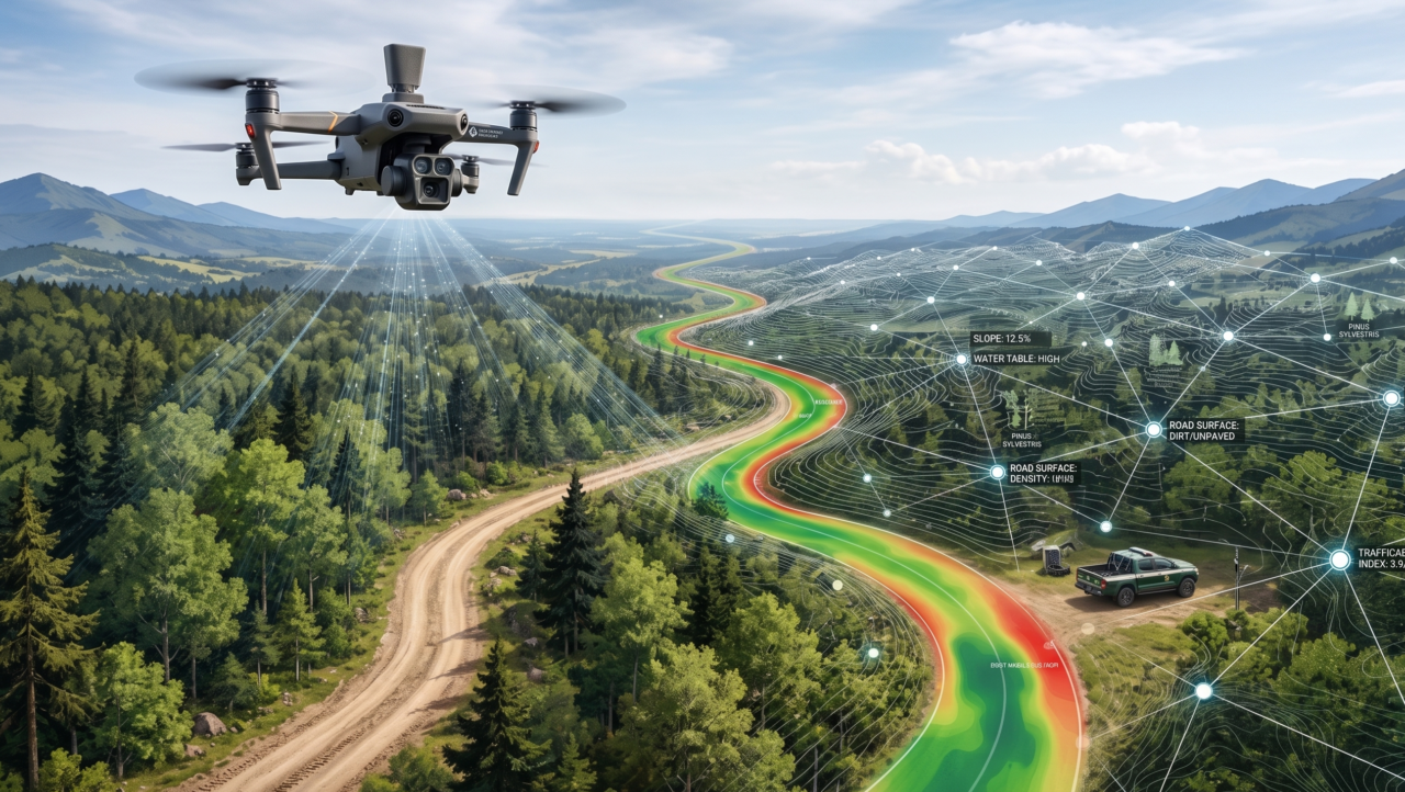 I droni rilevano le strade forestali con fotogrammetria e LiDAR. La fotogrammetria produce ortofoto e modelli digitali del terreno. Il LiDAR penetra la chioma con impulsi laser e ricostruisce il tracciato anche sotto copertura densa. I dati si integrano nei sistemi GIS per la pianificazione forestale.