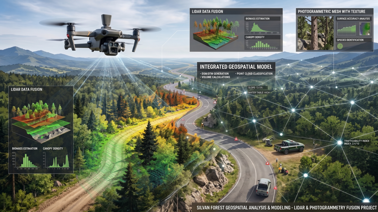 Droni con LiDAR e fotogrammetria per rilevare le strade forestali con precisione centimetrica: viabilit&agrave; forestale, precision forestry, LiDAR forestale, gestione digitale dei boschi.